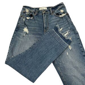 American Eagle High‎ Rise Mom Jeans Women's 27/4R Blue Ripped Style Denim